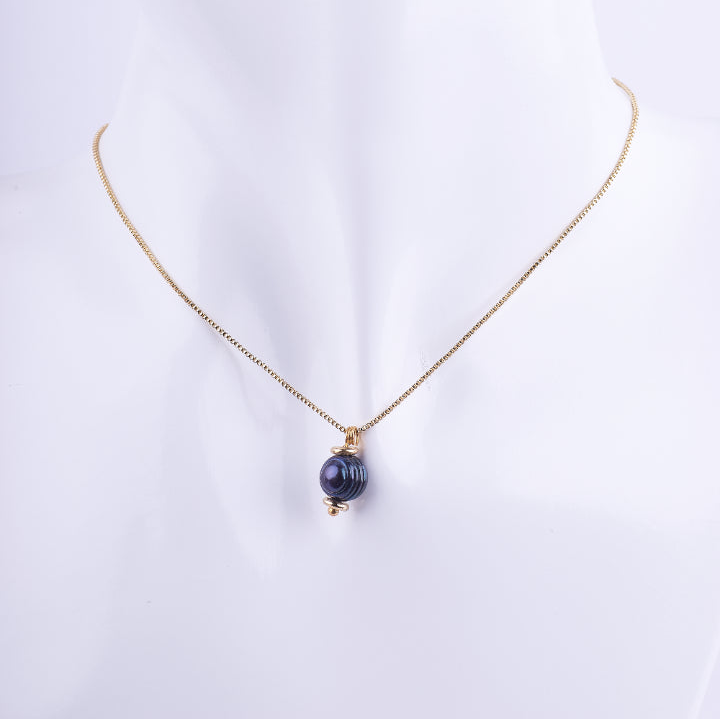 Collar de cadena tipo veneciana dorada con un dije de una perla negra redonda. La perla está coronada por una pequeña cuenta dorada, exhibida en un busto de maniquí blanco.