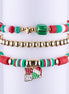 Set de 3 pulseras navideñas estilo stacking con cuentas rojas, verdes y blancas, cuentas doradas y dije de Ho Ho Ho. Joyería para fiestas de fin de año.