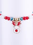 Pulsera elástica de perlas blancas y cuentas rojas, con separadores dorados con pedrería y un dije de reno esmaltado blanco y rojo.