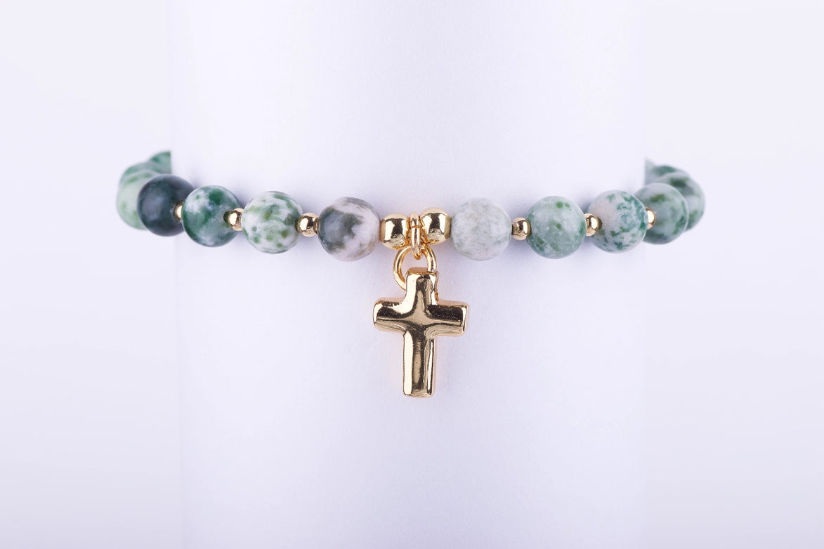 Pulsera de Piedra Natural con Cruz - Joyería Espiritual Verde