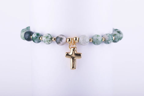 Pulsera de Piedra Natural con Cruz - Joyería Espiritual Verde
