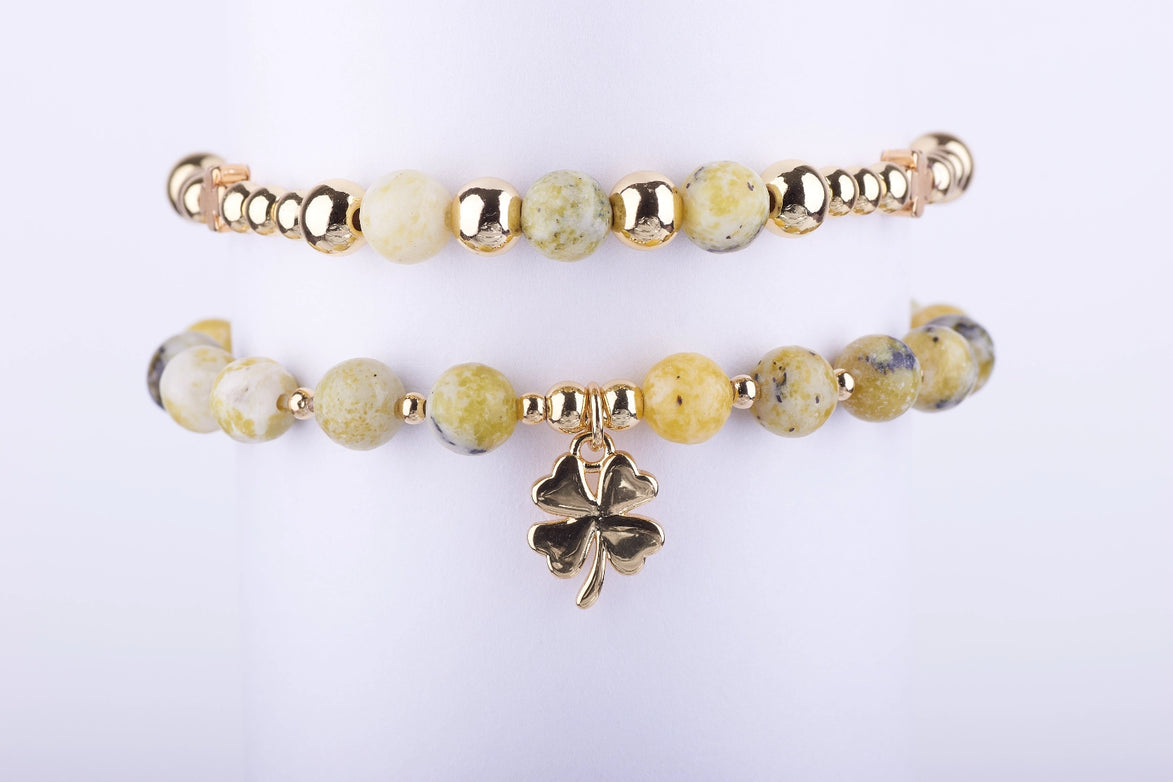 Pulsera Trébol de la Suerte - Piedra Natural Amarilla y Verde