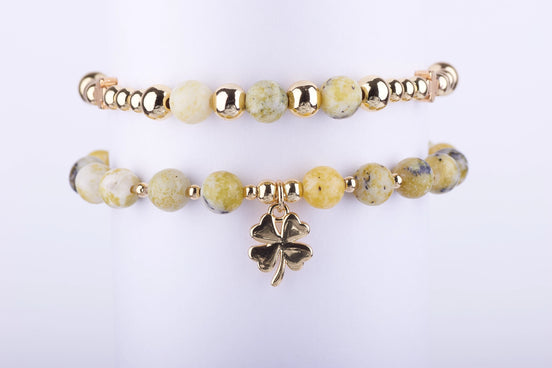 Pulsera Trébol de la Suerte - Piedra Natural Amarilla y Verde