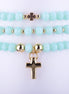 pulsera tres hileras cuentas cristal menta dijes cruz dorado 